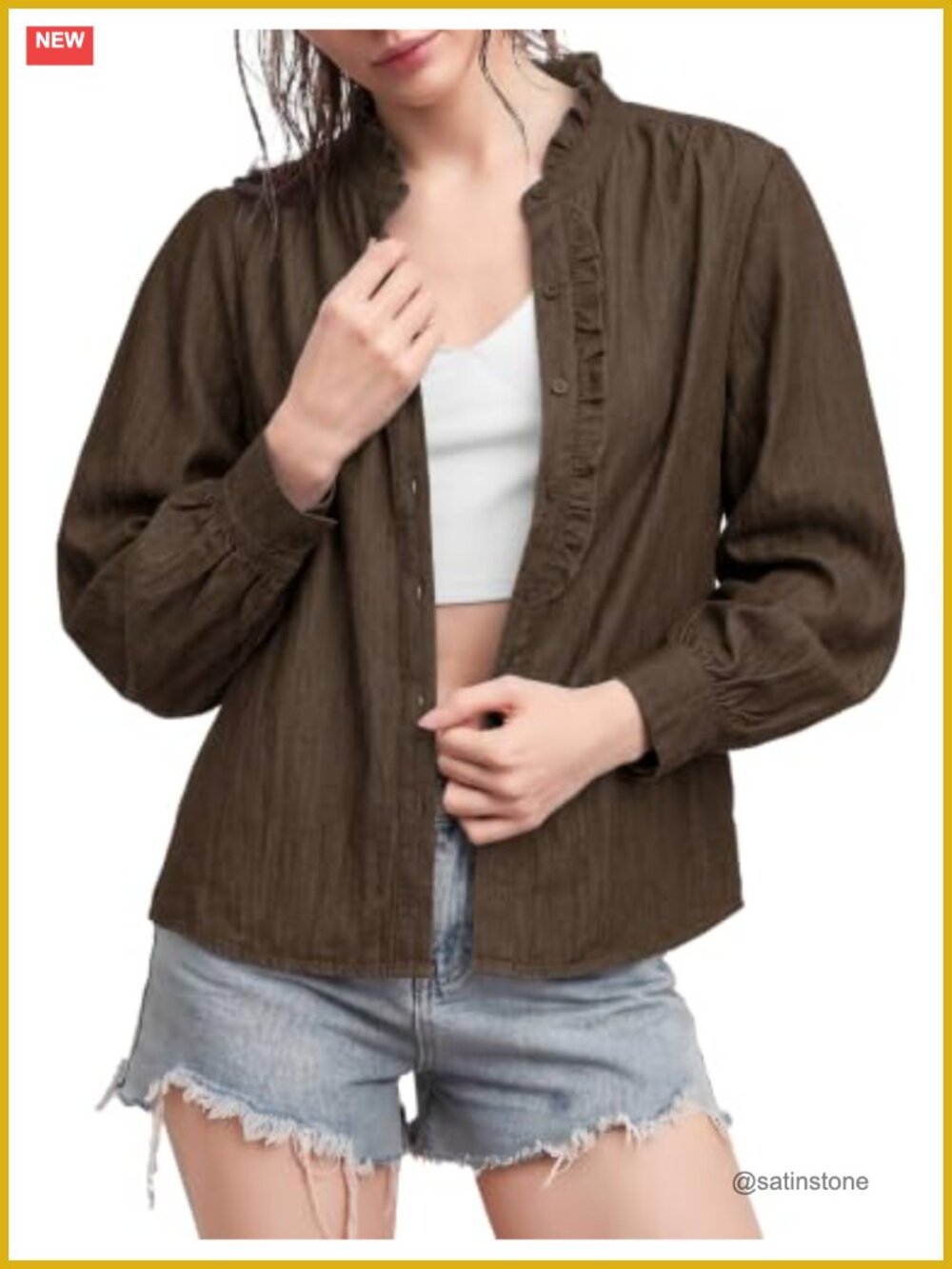 Ruffle Stand Collar Button Down Long Sleeve Blouse Women's Fall Top